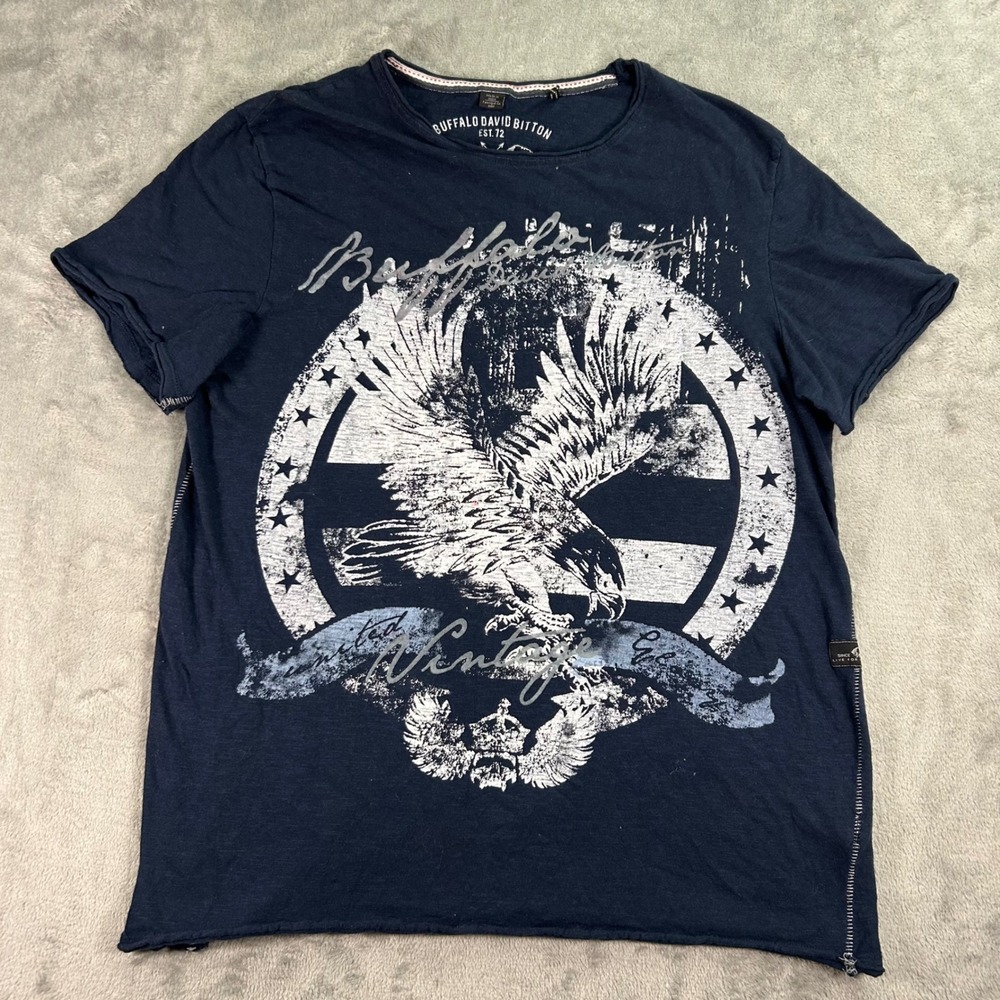 Buffalo David Bitton Mens Small Navy Blue Eagle Graphic T-Shirt Distressed Slub
